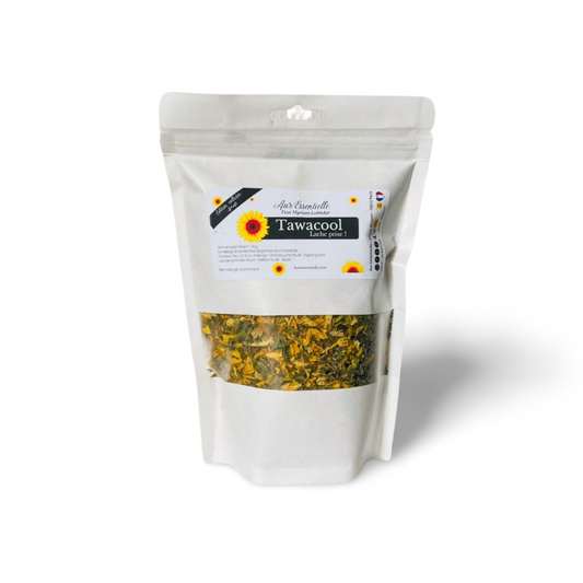 Éco-recharge de la tisane Tawacool d'Aur'essentielle Paris Alger, conçue pour favoriser la détente et encourager le lâcher-prise. Cette tisane naturelle est parfaite pour retrouver calme et sérénité. Produit éthique et durable, made in France.