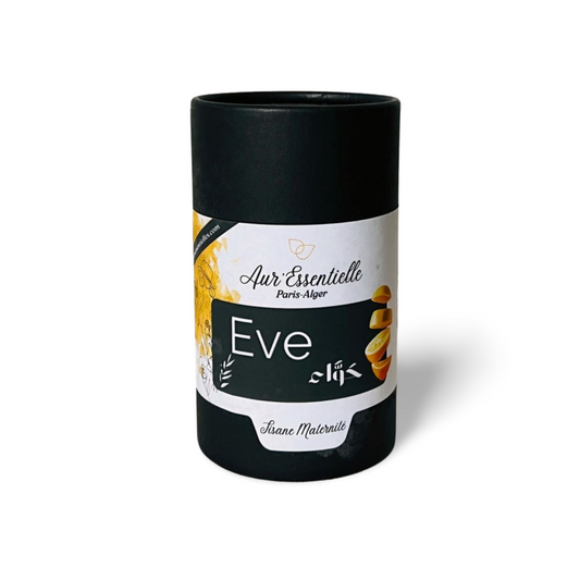 Boîte de tisane Eve Maternité d'Aur'essentielle Paris Alger, spécialement formulée pour accompagner les femmes avant, pendant et après la grossesse; elle aide également à favoriser la fertilité, offrant un soutien naturel et bienfaisant. Produit éthique et made in France