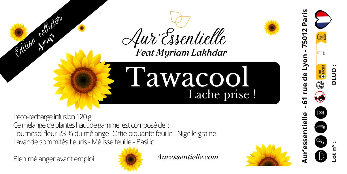 Étiquette de l'ensemble de la tisane Tawacool d'Aur'essentielle Paris Alger et de son éco-recharge, détaillant les bienfaits pour la détente et le lâcher-prise. Produits naturels et éthiques made in France