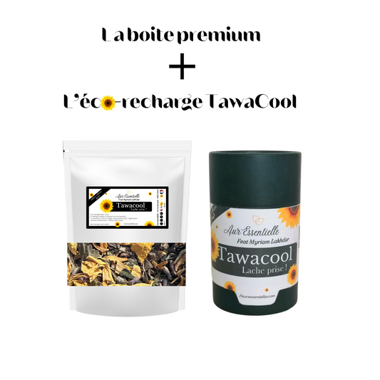 Ensemble de la tisane Tawacool d'Aur'essentielle Paris Alger et de son éco-recharge, conçus pour favoriser la détente et le lâcher-prise. Produits naturels et éthiques made in France