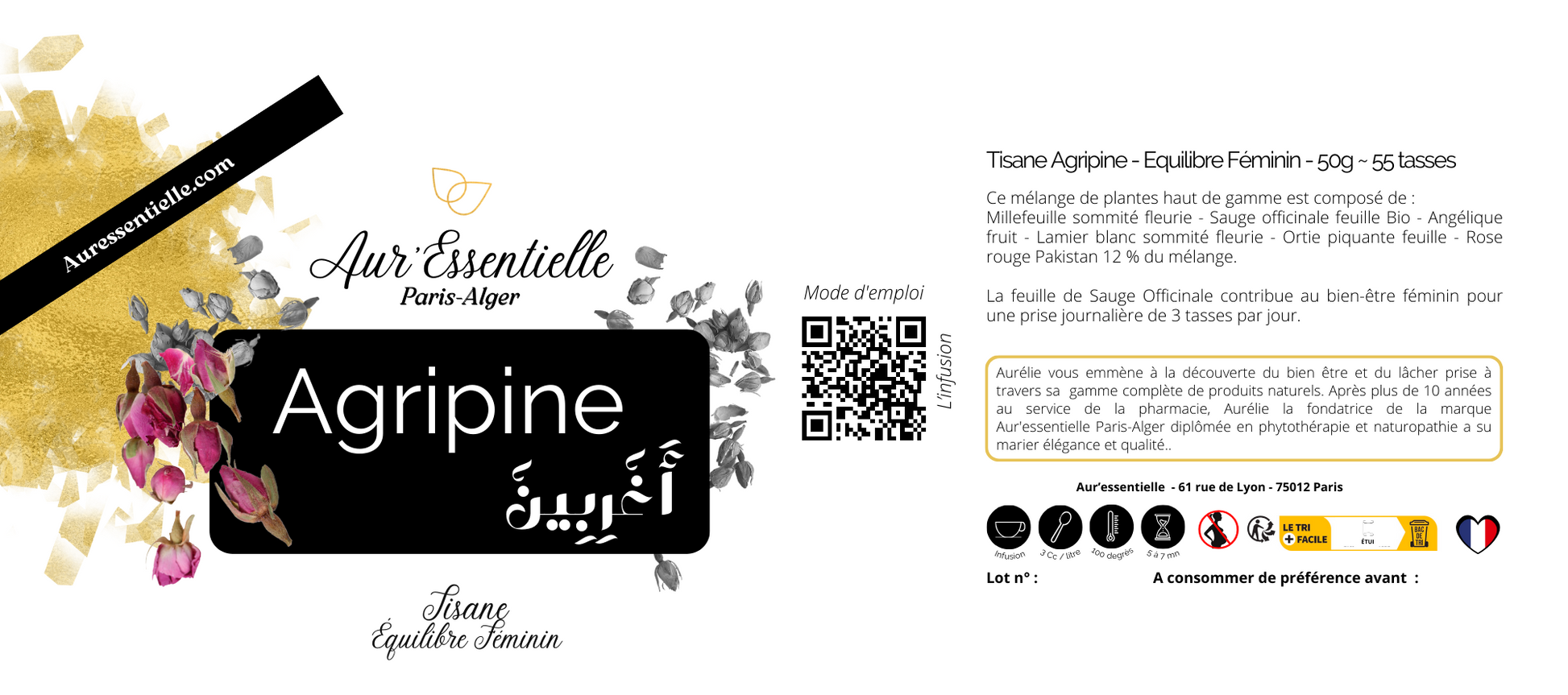 Étiquette de la tisane Agripine d'Aur'essentielle Paris Alger, détaillant les bienfaits pour soulager les règles douloureuses, la ménopause, la préménopause et les bouffées de chaleur. Produit naturel et éthique made in France